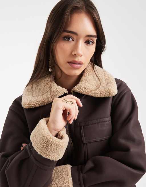 ASOS DESIGN leather look mid length bonded jacket in chocolate