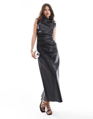 leather look midi dress with ruching detail in black