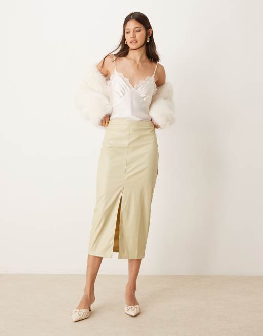 ASOS DESIGN leather look midi pencil skirt in sage