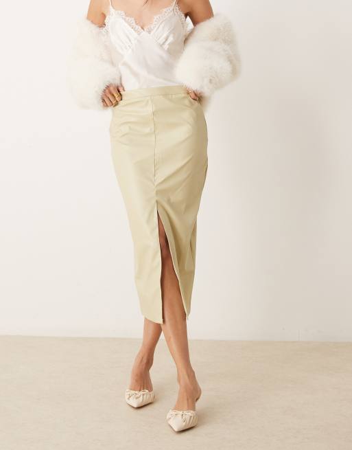 ASOS DESIGN leather look midi pencil skirt in sage