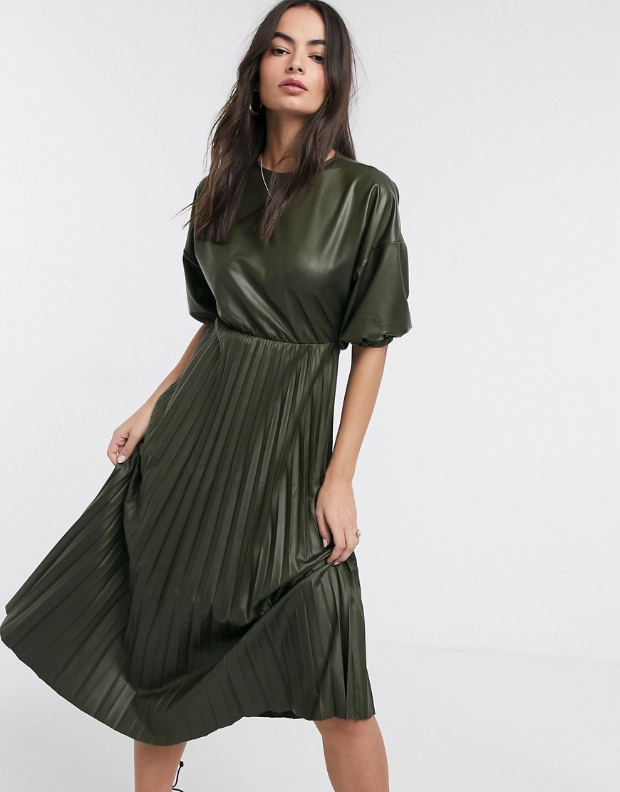 ASOS DESIGN leather look midi pleated dress in khaki-Green