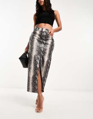 Asos Design Leather Look Midi Skirt In Animal-neutral