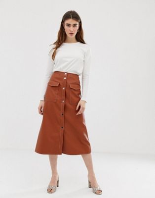 tan leather midi skirt