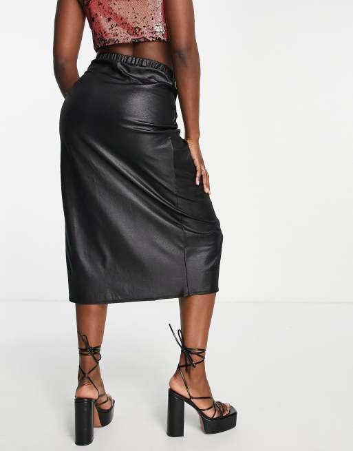 ASOS DESIGN leather look midi skirt with ruched detail and thigh slit in  black