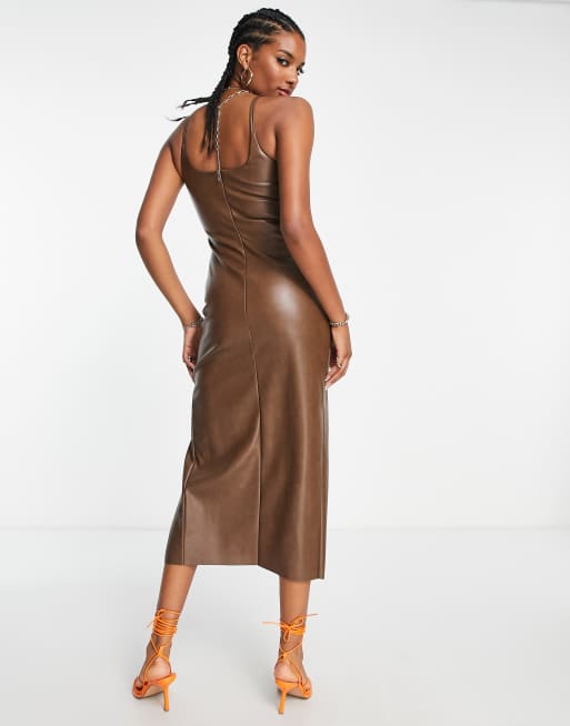 Taking The Lead Faux Leather Midi Dress - Brown