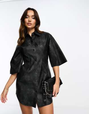 Asos Design Leather Look Mini Shirt Dress In Washed Black