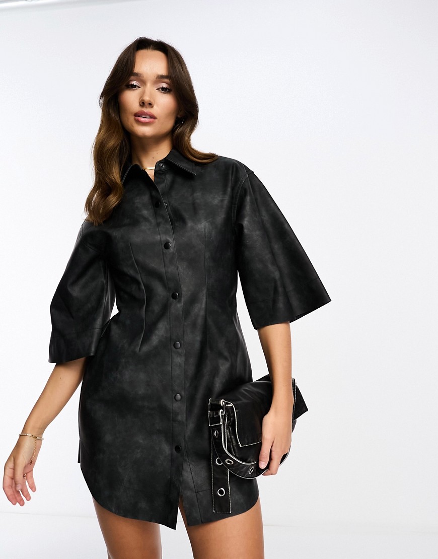 ASOS DESIGN leather look mini shirt dress in washed black