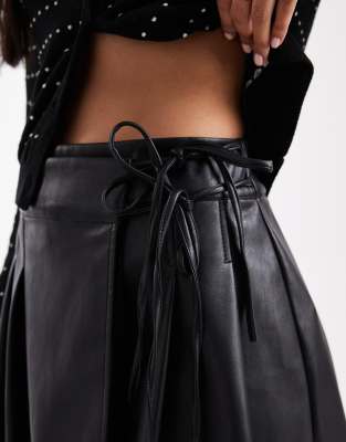 Asos Design Leather Look Mini Tennis Skirt With Side Tie In Black