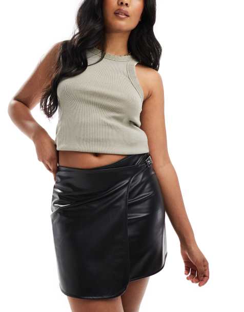 ASOS DESIGN leather look mini wrap skirt with belt in black - view 1