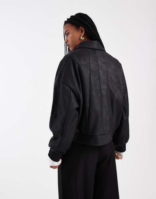 ASOS DESIGN leather look moto bomber jacket in black, 3 of 4