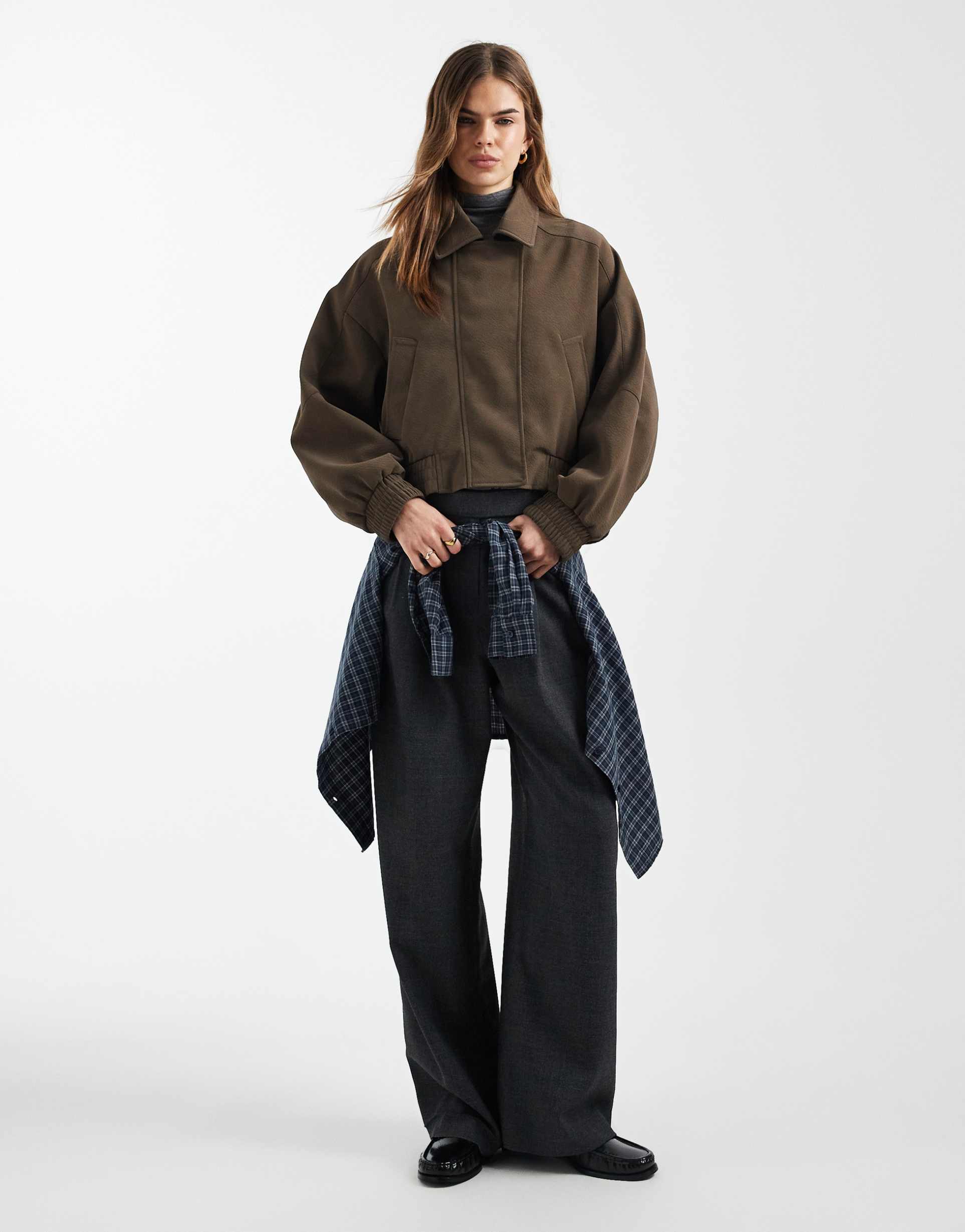 asos design leather look moto bomber jacket in mocha