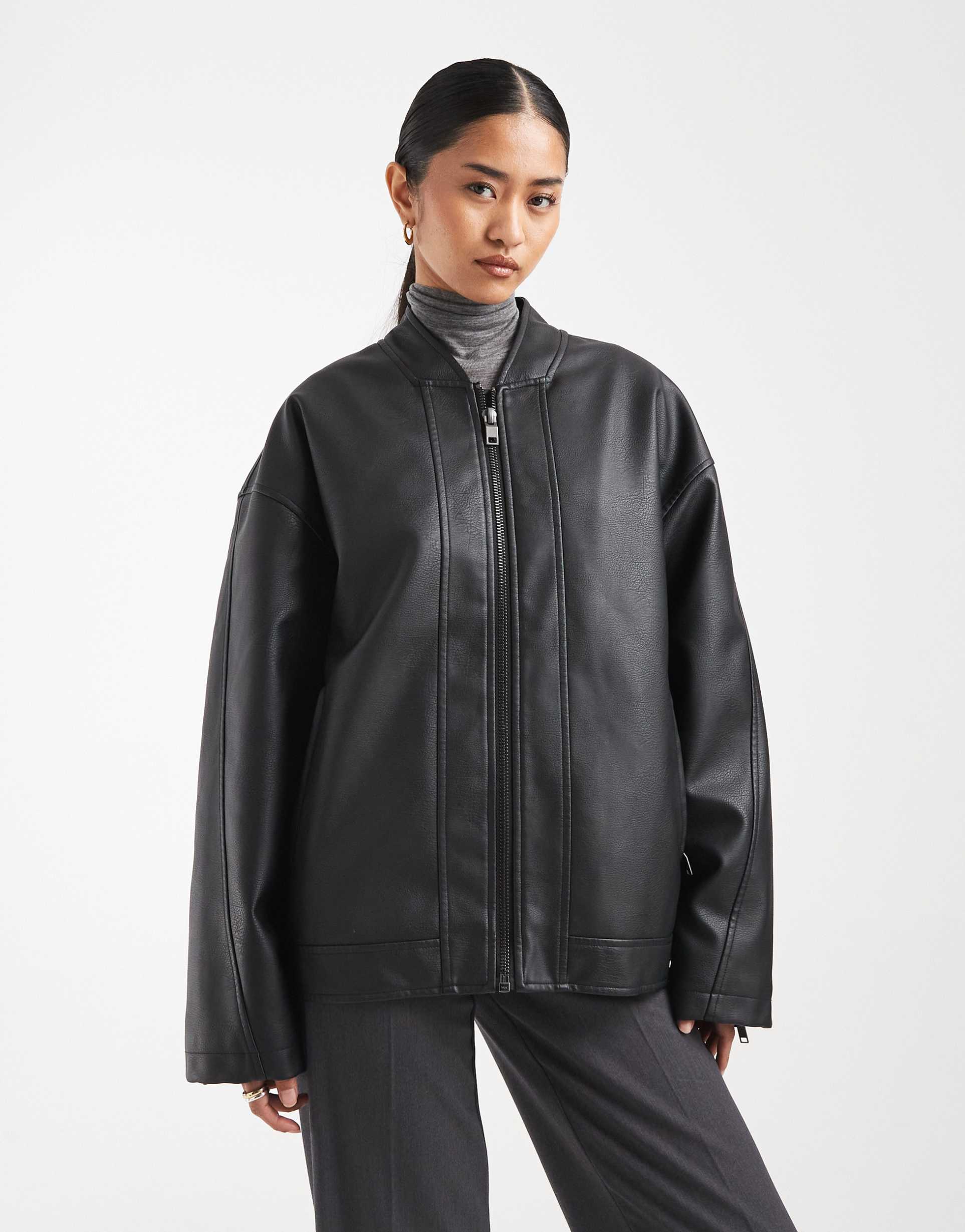 asos design leather look moto jacket with quilt liner in black