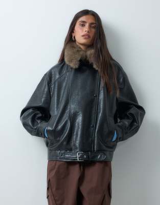 Asos Design Leather Look Moto Jacket With Tan Faux Fur Collar In Black