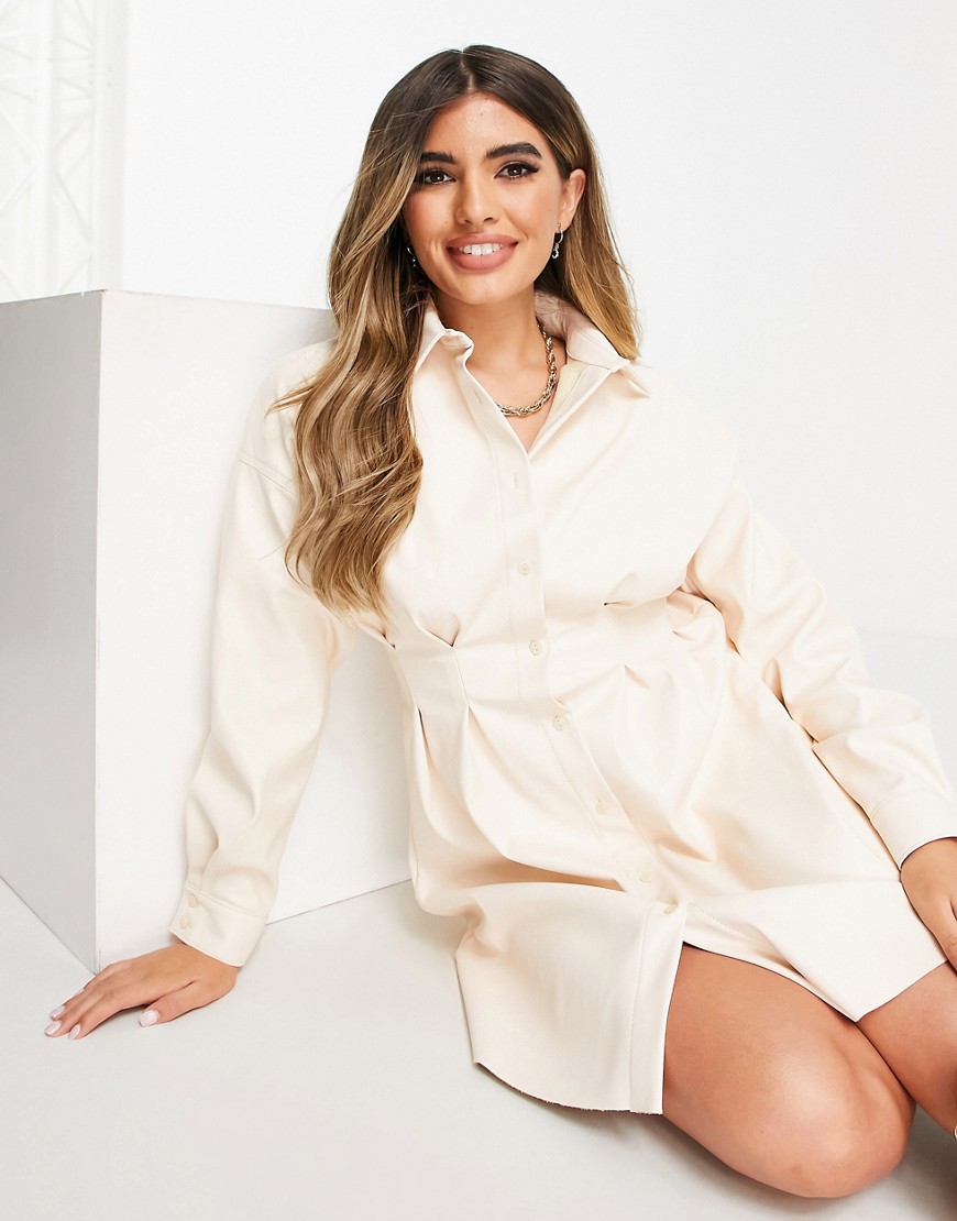 ASOS DESIGN leather look nipped in waist mini shirt dress in cream-White