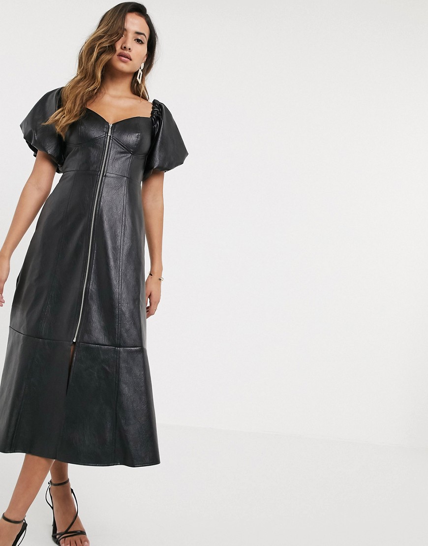 ASOS DESIGN leather look off shoulder zip through midi dress in black