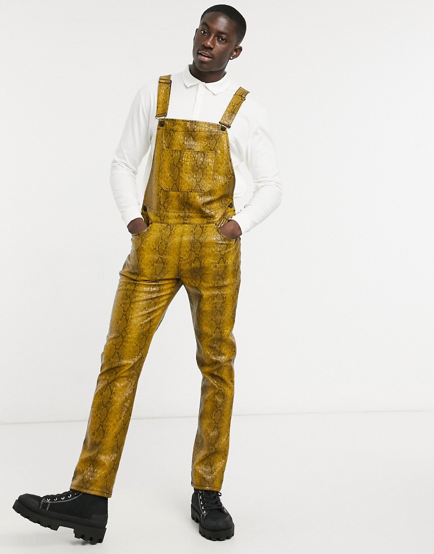 ASOS DESIGN leather look overalls in yellow snake print