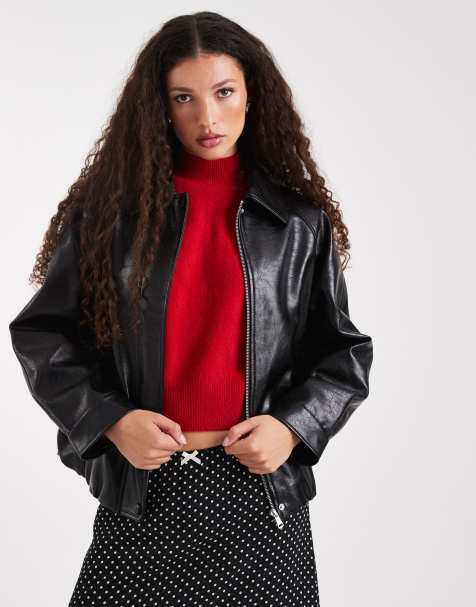 ASOS DESIGN leather look oversized bomber jacket in black - view 1