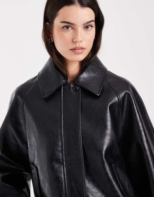 ASOS DESIGN leather look oversized bomber jacket in black