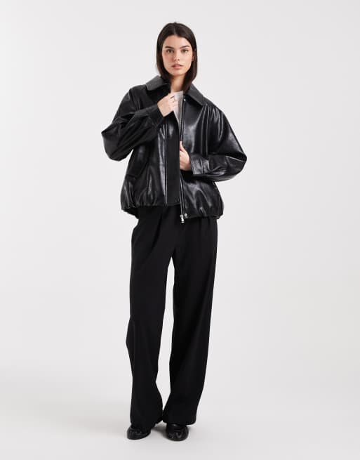 ASOS DESIGN leather look oversized bomber jacket in black