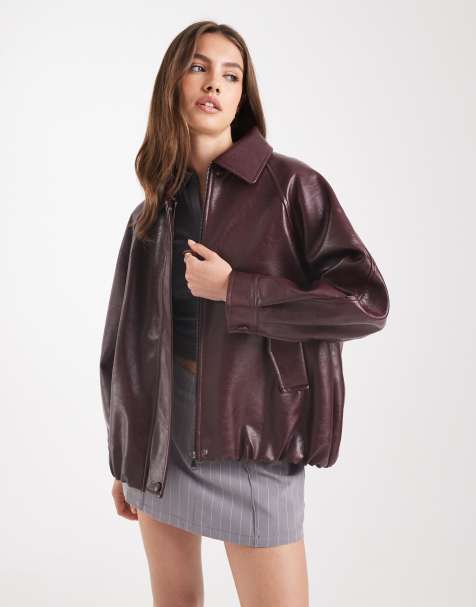 ASOS DESIGN leather look oversized bomber jacket in burgundy - view 1