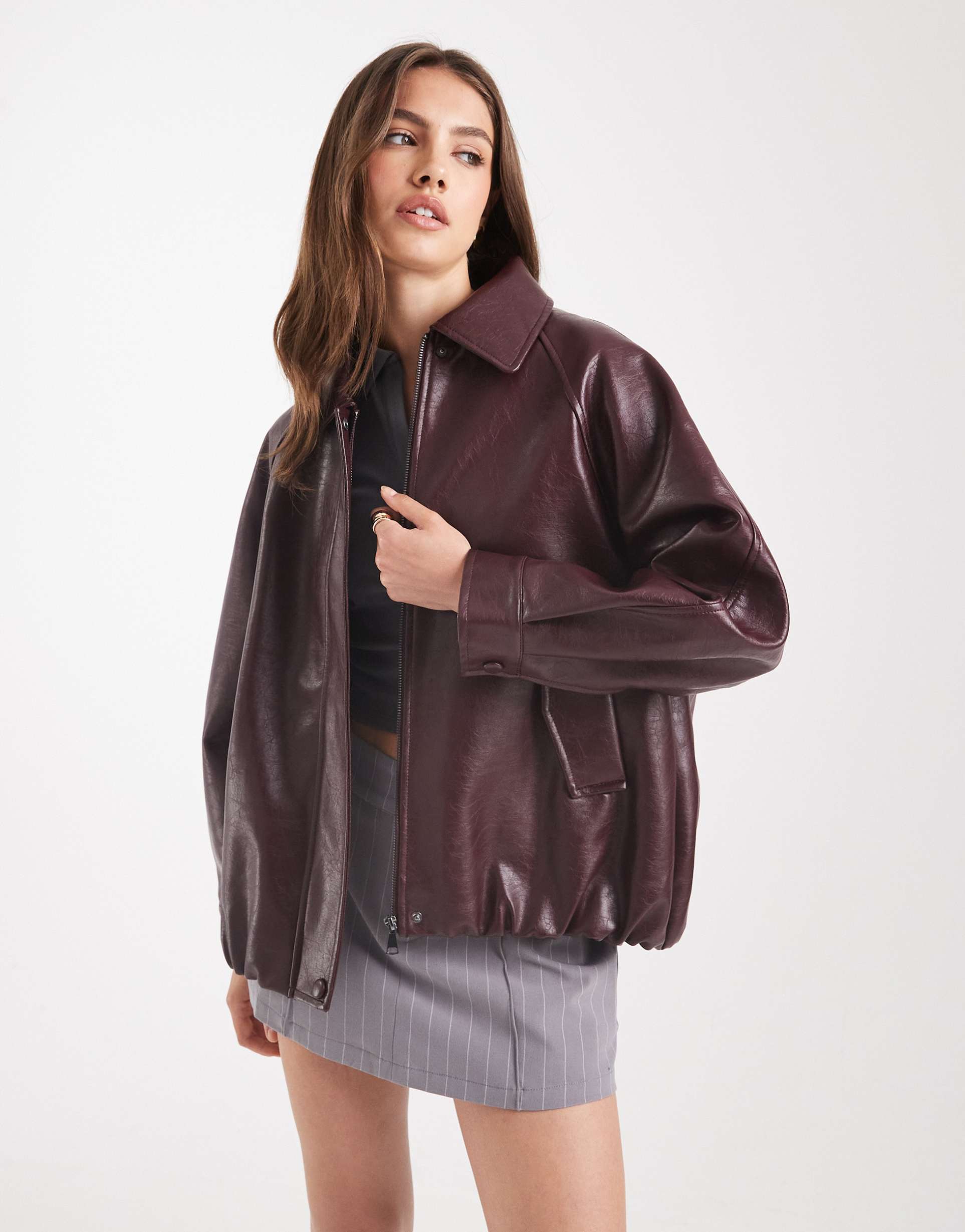 asos design leather look oversized bomber jacket in burgundy