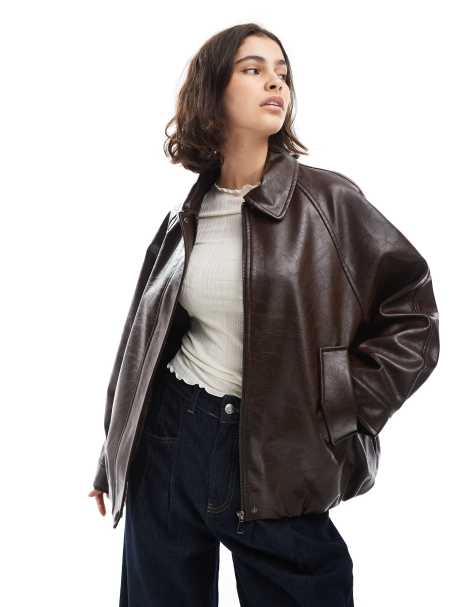 ASOS DESIGN leather look oversized bomber jacket in chocolate - view 1