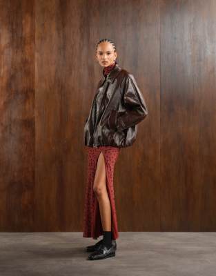 Asos Design Leather Look Oversized Bomber Jacket In Brown