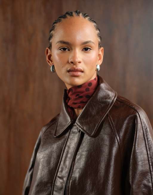 ASOS DESIGN leather look oversized bomber jacket in chocolate