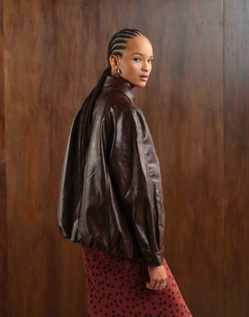 ASOS DESIGN leather look oversized bomber jacket in chocolate