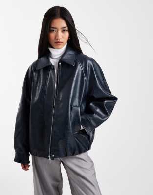 Asos Design Leather Look Oversized Bomber Jacket In Blue