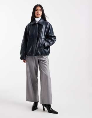 Asos Design Leather Look Oversized Bomber Jacket In Blue