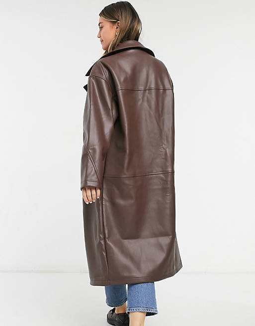 Women leather look oversized coat in brown 