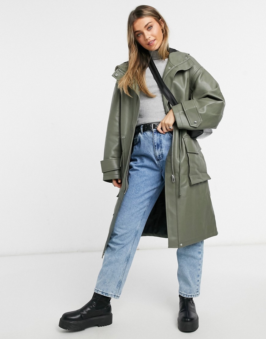ASOS DESIGN leather look oversized parka with quilted lining in khaki-Green