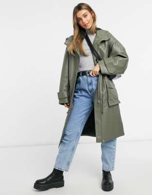 ASOS DESIGN faux leather oversized parka with quilted lining in khaki