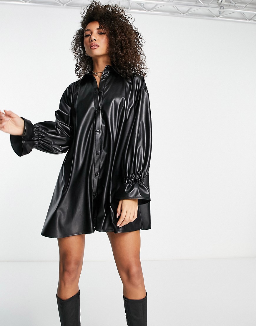 Asos Design Leather Look Oversized Shirt Dress In Black