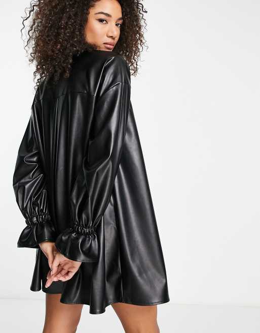 ASOS DESIGN Petite leather look belted skater mini shirt dress in