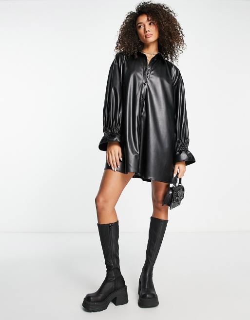 ASOS DESIGN leather look oversized shirt dress in black