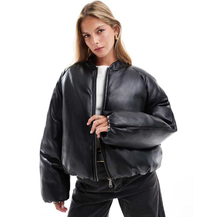 ASOS DESIGN leather look padded bomber jacket with bubble hem in black