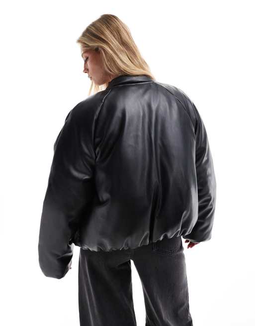 ASOS DESIGN leather look padded bomber jacket with bubble hem in black
