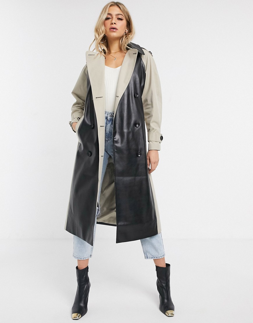 ASOS DESIGN leather look panelled trench coat in stone