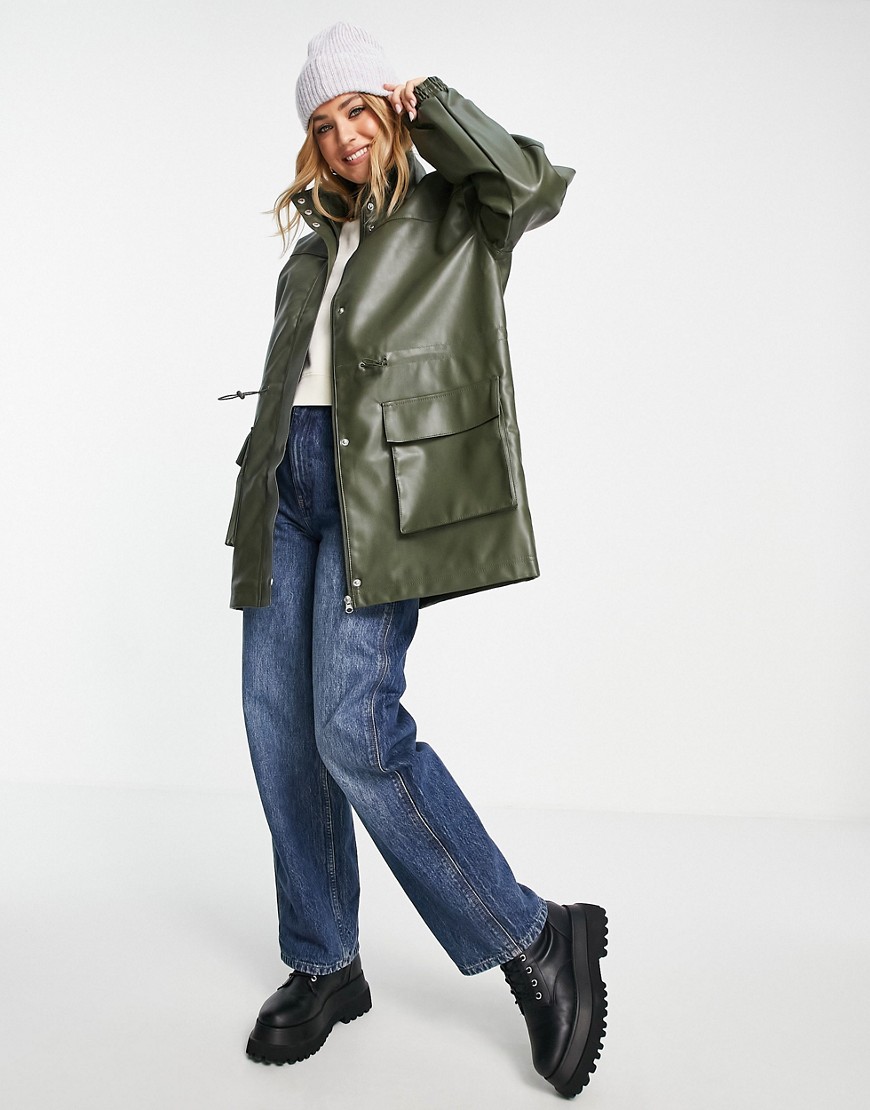 ASOS DESIGN leather look parka coat in olive-Green