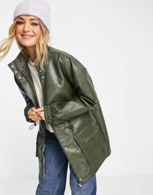 leather look parka coats