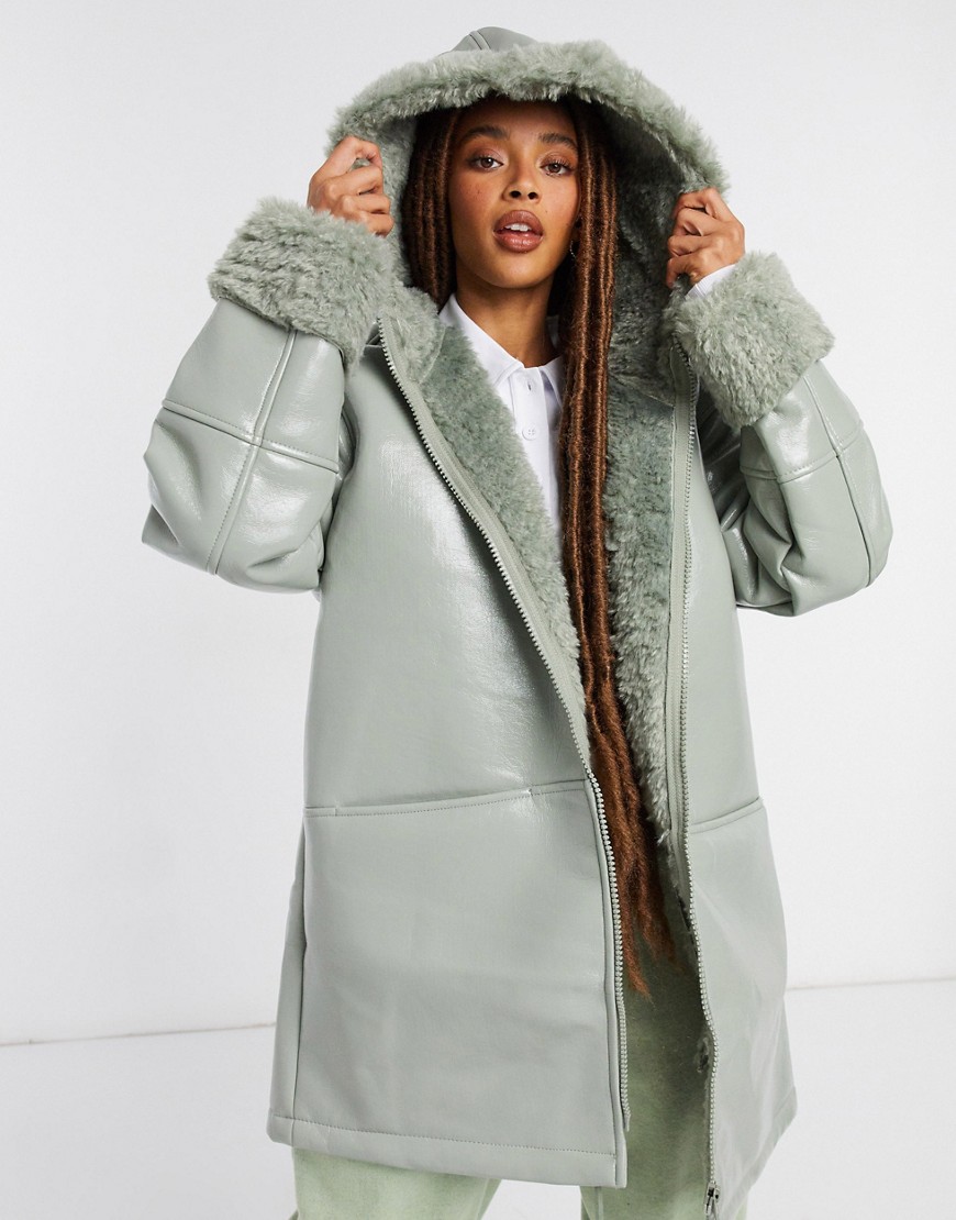 ASOS DESIGN Leather look parka with teddy fleece lining in sage-Black