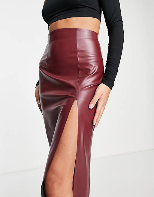  leather look pencil skirt with super high split in chocolate 