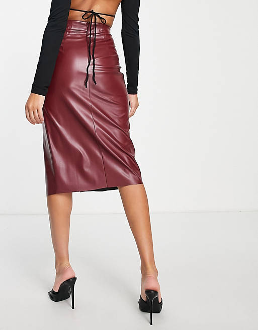  leather look pencil skirt with super high split in chocolate 