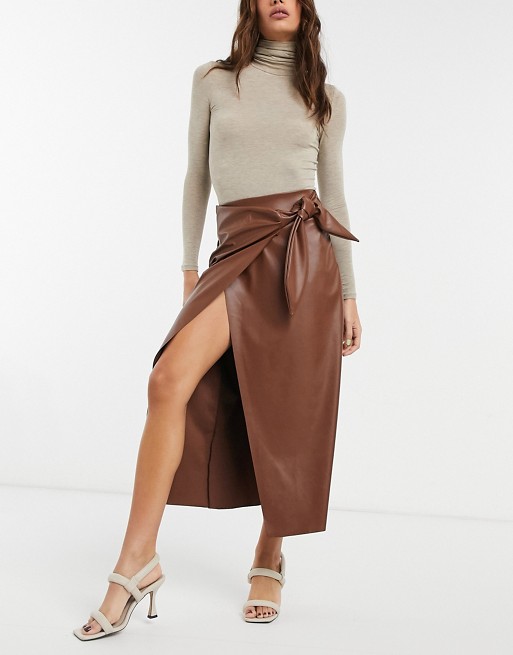 ASOS DESIGN leather look midi pencil skirt with tie detail in dark tan