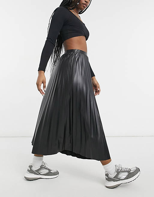 ASOS DESIGN leather look pleated midi skirt in black