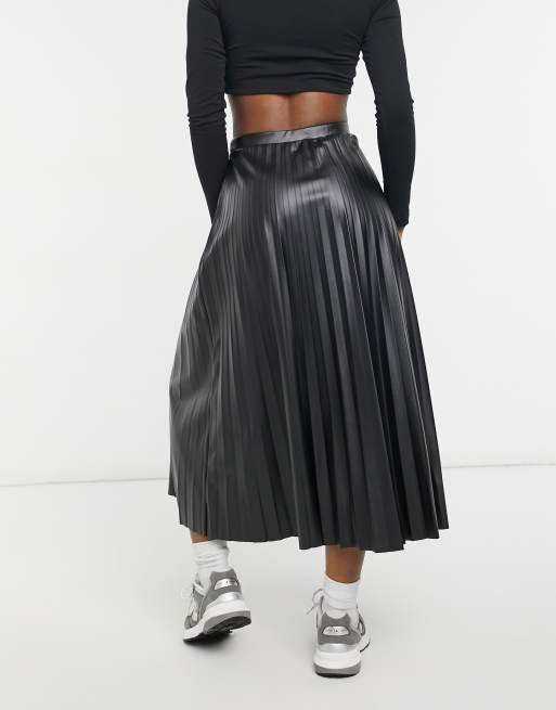 Black Leather-Look Pleated High Waist Midi Skirt