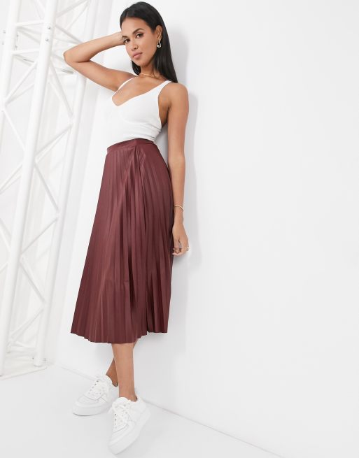 Burgundy leather outlet look midi skirt