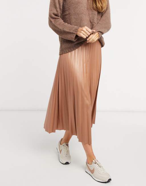 ASOS DESIGN leather look pleated midi skirt in dark camel